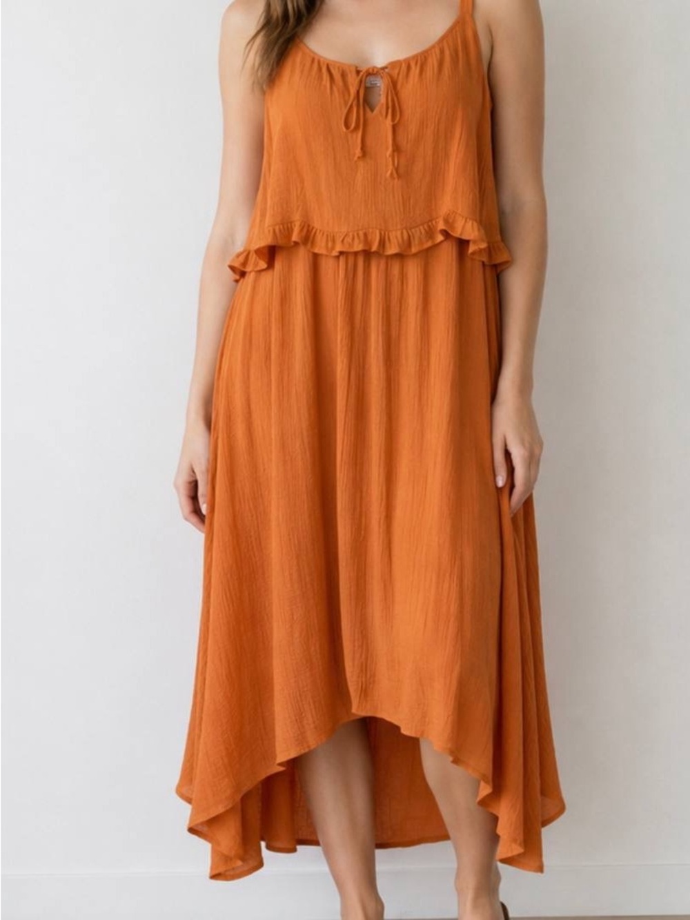 LUXOLOGY Orange Crinkle Rayon Ruffle Tie Scoop Neck Midi A-Line Dress M